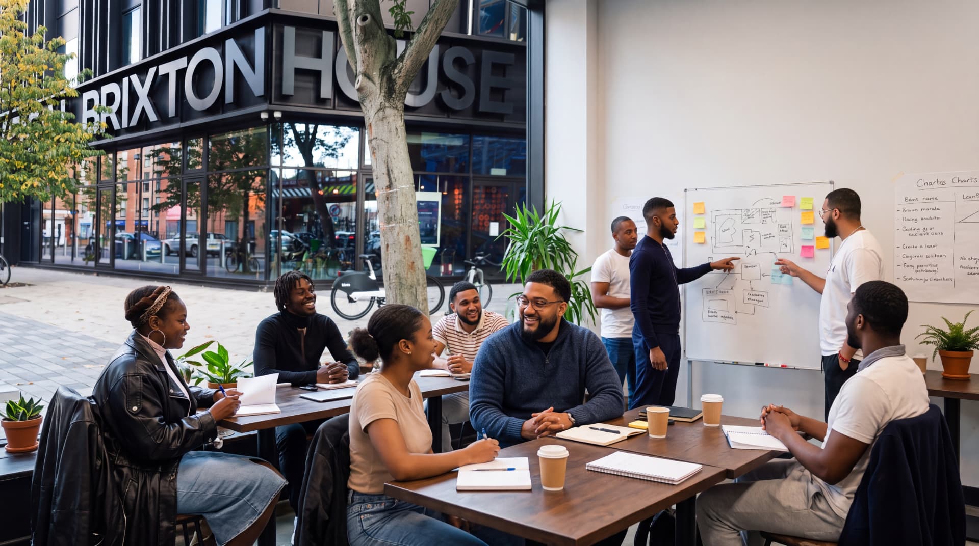 A research workshop at Brixton House, with facilitators mapping findings on a whiteboard
